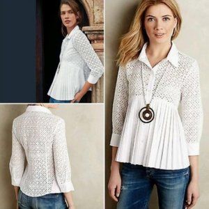 Anthropologie white button down shirt with eyelit fabric and pleats